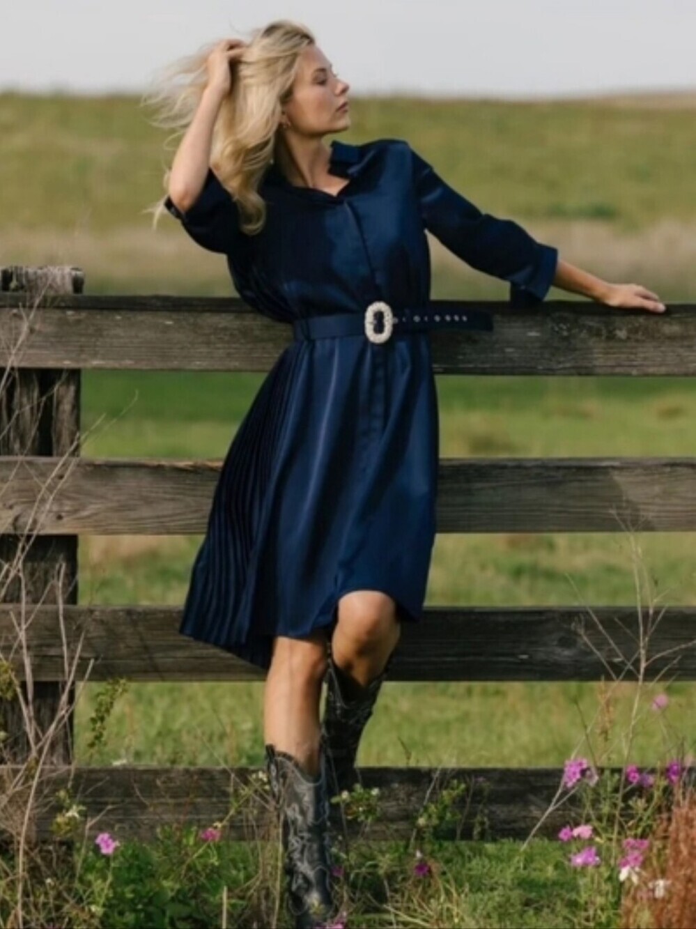 Aleeza Elegant Marquis Navy Belted Midi Dress With Pleats